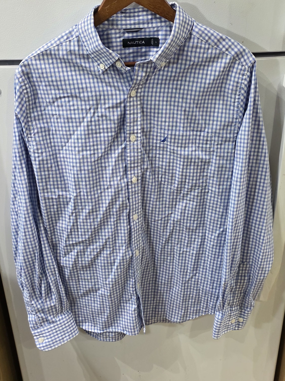 Nautica Men’s Light Blue & White Gingham Button-Down Shirt